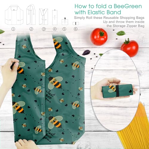 Image of BeeGreen Rolled Up Grocery Bags Reusable Shopping Bags Foldable for Groceries