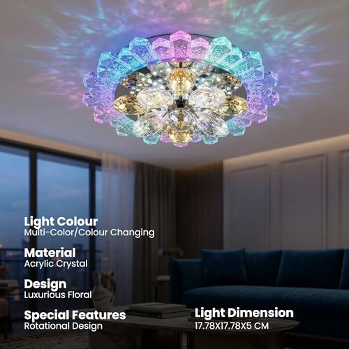 Image of Round Crystal Flower Ceiling Light with Rotating Multi-Colour LED, Decorative Chandelier Lamp for Living Room Bedroom Hallway Event Decor, Dimmable Lighting Fixture 7 x 7 x 2 Inch