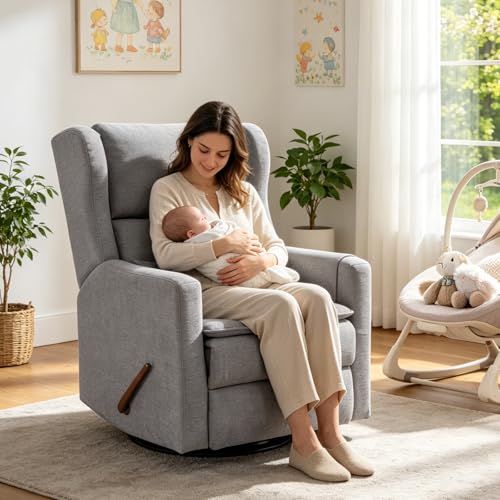Image of Rocking Chair Nursery with Adjustable Headrest,Comfy Swivel Rocker Recliner with Lumbar Support, Manual Nursery Chair Rocker Recliner with Cup Holder and Side Pockets, Grey