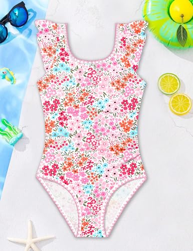 Image of Girls Swimsuit Ruffled Square Neck Color Contrast Trim One Piece Bathing Suit Geometric Girls' Swimwear 9-16Y