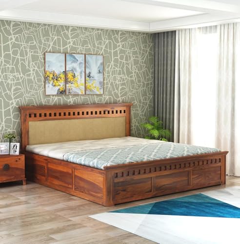 Image of Solid Sheesham Wood King Size Box Storage Bed Home | Wooden Double Bed Cot Palang for Living Room and Hotels (Cream and Honey) 1 Year Warranty