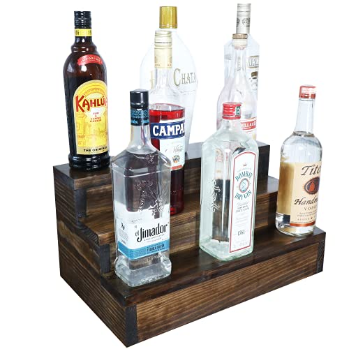 Sip Home Bar 3 Tiered Real Wood Liquor Bottle Display (18" Length) - Fits Up to 18 Bottles! - Dark Walnut Stain - Handmade in The USA