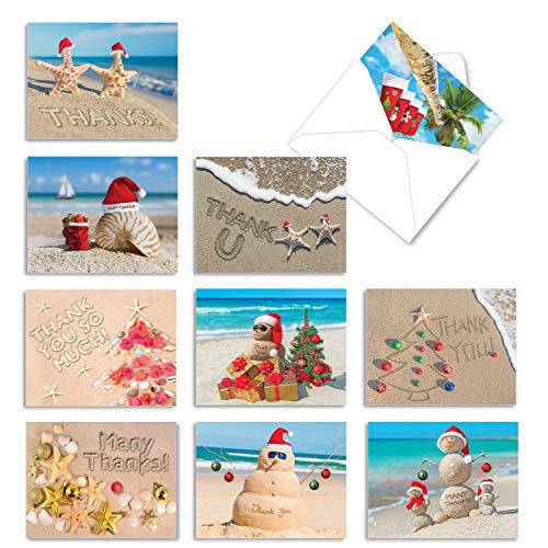 The Best Card Company - 10 Thank You Christmas Cards with Envelopes - Boxed Gratitude Assortment, Xmas Holiday Cards (4 x 5.12 Inch) - Season's Beachin M6651XTB