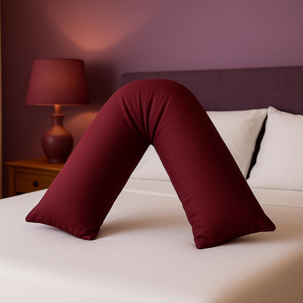 adsin Orthopaedic V Pillow with Pillowcase (Maroon 74 * 34cm), Pregnancy Support, Nursing & Post Surgery Pillow V Cushion with Hollowfibre for Neck, Head & Back Care, Soft, Durable & Hypoallergenic