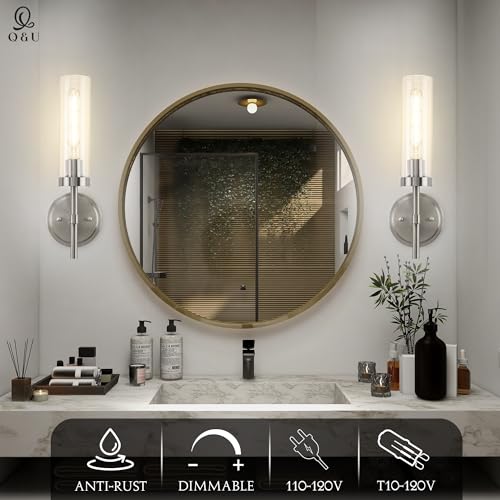 Image of Q&U Brushed Nickel Hardwired Wall Sconces Set of 2 - Modern Bathroom Vanity Light Fixtures, Farmhouse Wall Mount Lamps for Mirror, Living Room, Bedroom, and Hallway