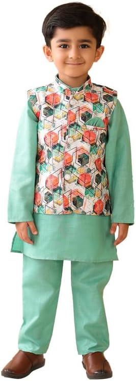 Superminis Boys Cotton Printed Gota Work Kurta Pyjama with Jacket Ethnic Wear Set