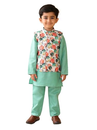 Superminis Boys Cotton Printed Gota Work Kurta Pyjama with Jacket Ethnic Wear Set (6-7 Years, Green)