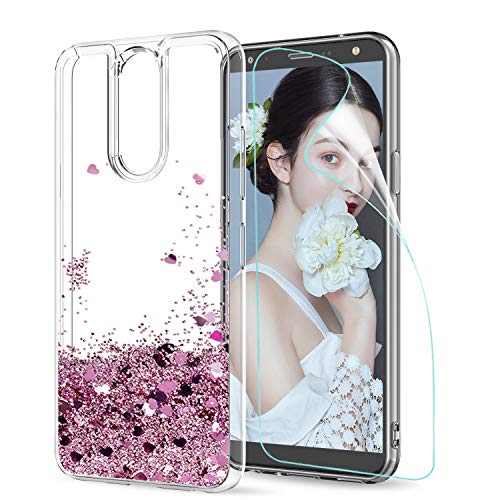 LeYi Funda LG K40 Silicona Purpurina Carcasa con HD Protectores de Pantalla, Transparente Cristal Bumper Telefono Gel TPU Fundas Case Cover para Movil LG K40 ZX Oro Rosa