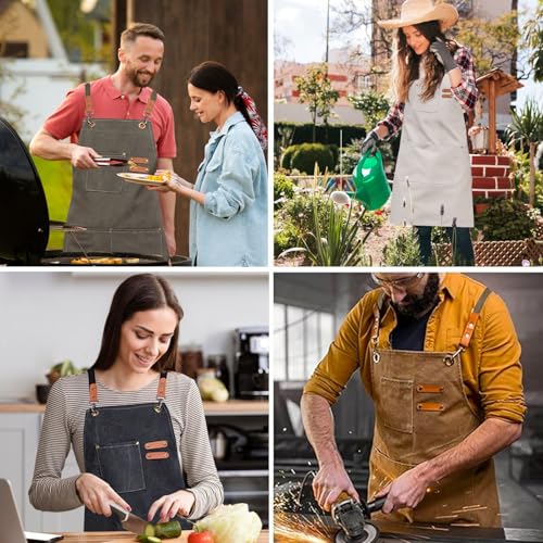 HIUOUIH Tablier Cuisine Homme, Tablier Barbecue Homme Réglable avec 3 Poches, Tabliers Professionnels Femme pour Restaurant, Serveur, Grillades, Marron – vue 7