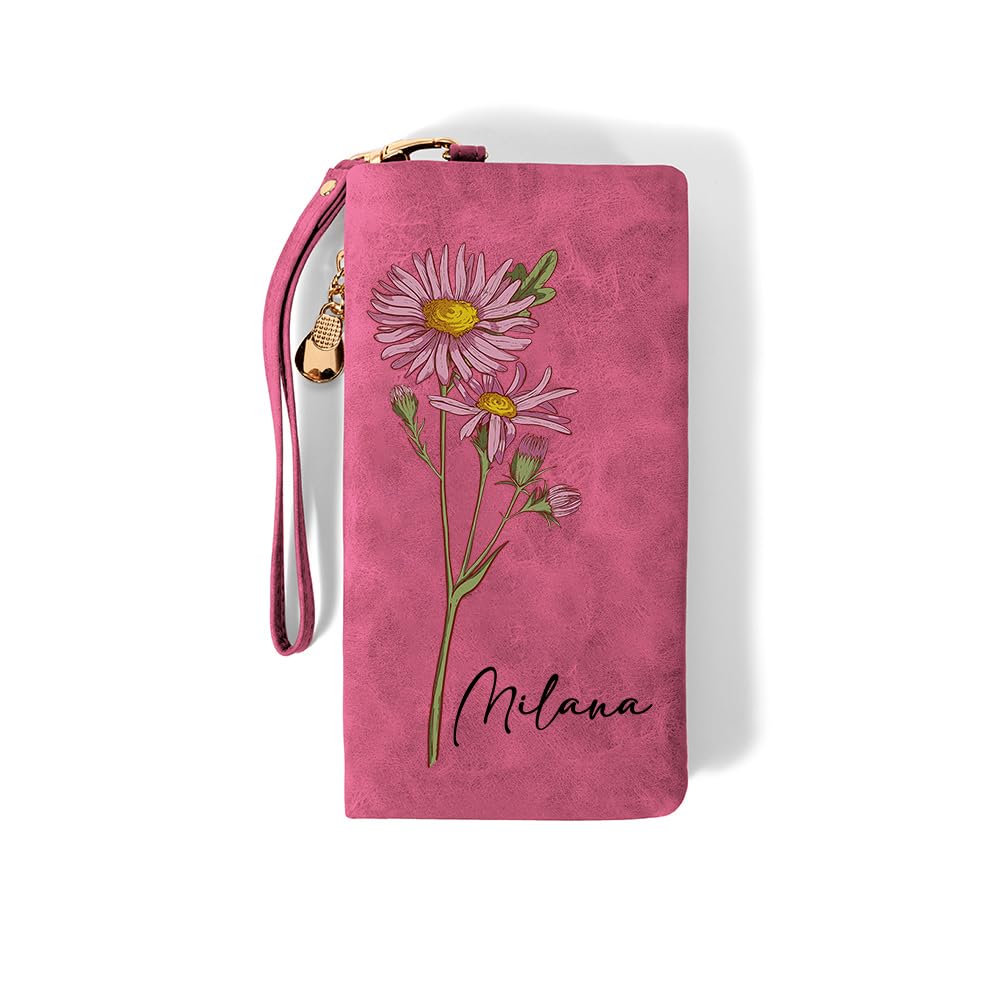 Monedero de cuero personalizado para mujer, con nombre personalizado, flor natal en acuarela, triple compartimento, correa para la muñeca, bolsillo largo para el móvil, ideal para mamá,esposa o abuela