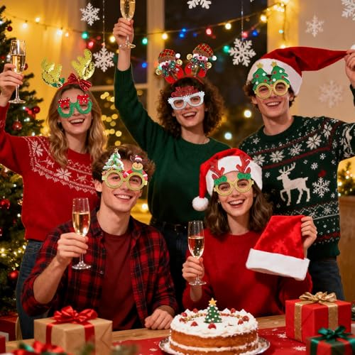 fiintrwa 18PCS Weihnachtsbrillen und Weihnachtsmann Mütze Set, Lustig Weihnachts Haarreif, Weihnachtsassesoires Geeignet für Erwachsene und Weihnachten Weihnachtsfeier