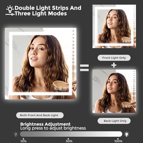 Image of Koonmi 30x30 LED Bathroom Mirror, Backlit + Front Lit, LED Bathroom Mirror with Lights for Wall, 3 Colors, Anti-Fog, Dimmable Brightness, Memory Function, Tempered Glass