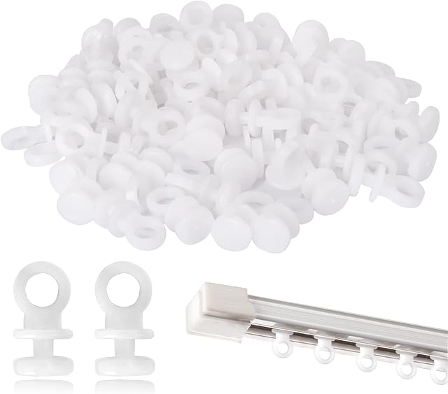 Starich 100Pcs Curtain Track Gliders,Plastic White Curtain Hooks Effortless Gliding Curtain Rail Slider Hooks Rollers for Window Door Shower Curtains.