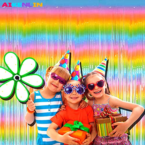 Image of 4 Pack 3.2Ft x 8.2Ft Rainbow Foil Fringe Curtain Backdrop, Colorful Metallic Tinsel Foil Fringe Streamers Curtains Background for Photo Booth, Birthday, Wedding, Easter Party Decoration