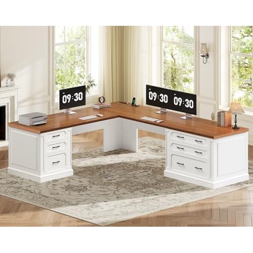 SEDETA Farmhouse 78.7" Executive L Shaped Desk with 6 Drawers, Home Office Desk with Power Outlet, File Cabinet Storage, Wood Corner Computer Desk for Work and Study, White 78.8" L Shaped De