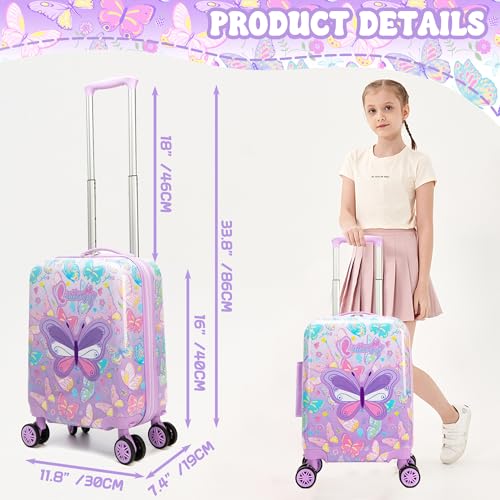 Kid's Luggage Set 3 Piece Suitcase Set 16" Hardside Luggage with Spinner Wheels Girls Carry on Toddler Travel Rolling Suitcase with Duffle Bag Neck Pillow Airline Approved2