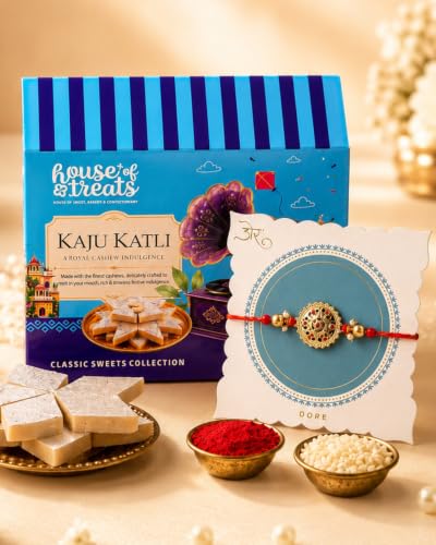 Image of Hyperfoods Rakhi Set for Brother Rakhi With Sweets House of Treats Kaju Katli 200g Sweets Gift Pack Gift Hamper for Bhaiya Rakhi Gift for Brother