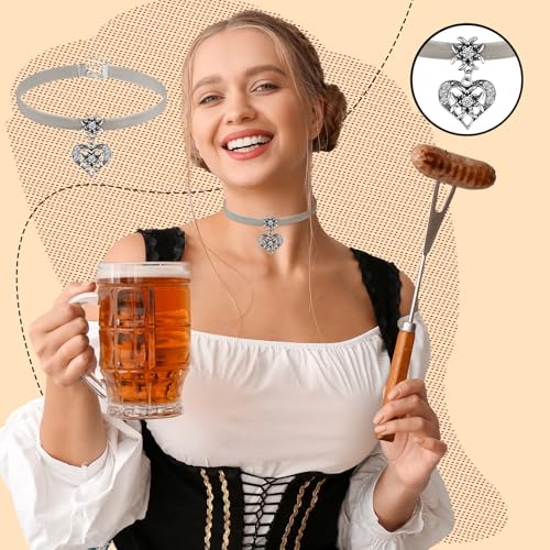 Herdear Bierfest Damen Trachtenkette Herz Edelweiß Halskette Elegantes Kropfband mit Strasssteinen Herz und Edelweiß Anhänger(Hellgrau)