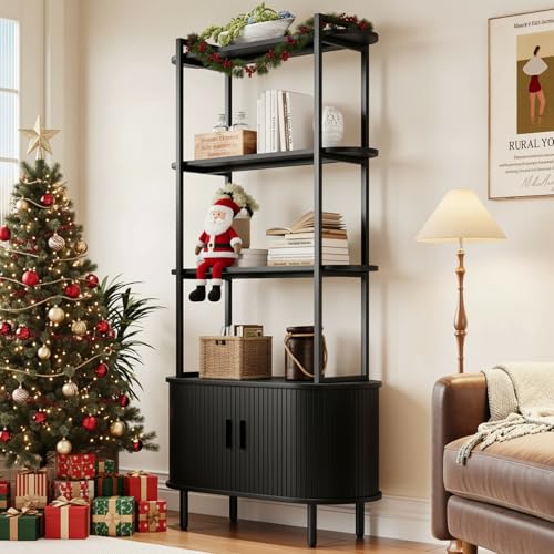 71' Tall Fluted Bookshelf with Sliding Tambour Doors, 4-Tier Mid Century Modern Metal Bookcase Cabinet w/Open Display Storage Shelf, Display Cabinet for Office, Living Room Black