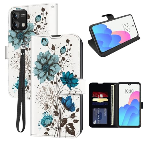 FUYOCWE for Moto G Stylus 5G 2023 Case Wallet for Motorola Stylus 5G 2023 Phone Case with Card Holder Slot,Leather Flip Cover w/Kickstand+RFID Blocking+Magnetic Snap-Blue Flowers Drawing