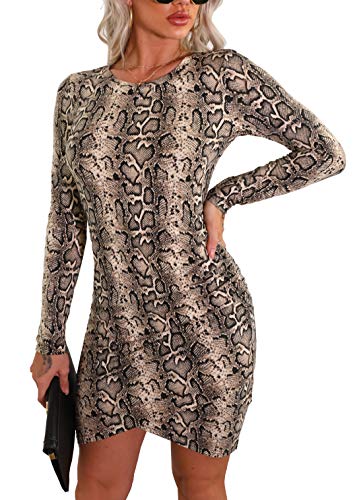 GRECERELLE Women s Fashion Ruched Elegant Bodycon Floral Print Dresses Long Sleeve Wrap Front Casual Basic Fitted Mini Short Dress FP Snake Yellow-Small