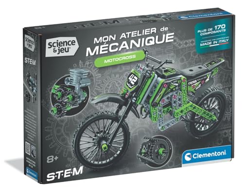 Clementoni - Motocross 8 Ans – Coffret de Construction mécanique Enfant avec Plus de 180 Composants, système de Direction Fonctionnel et Pistons Mobiles,...