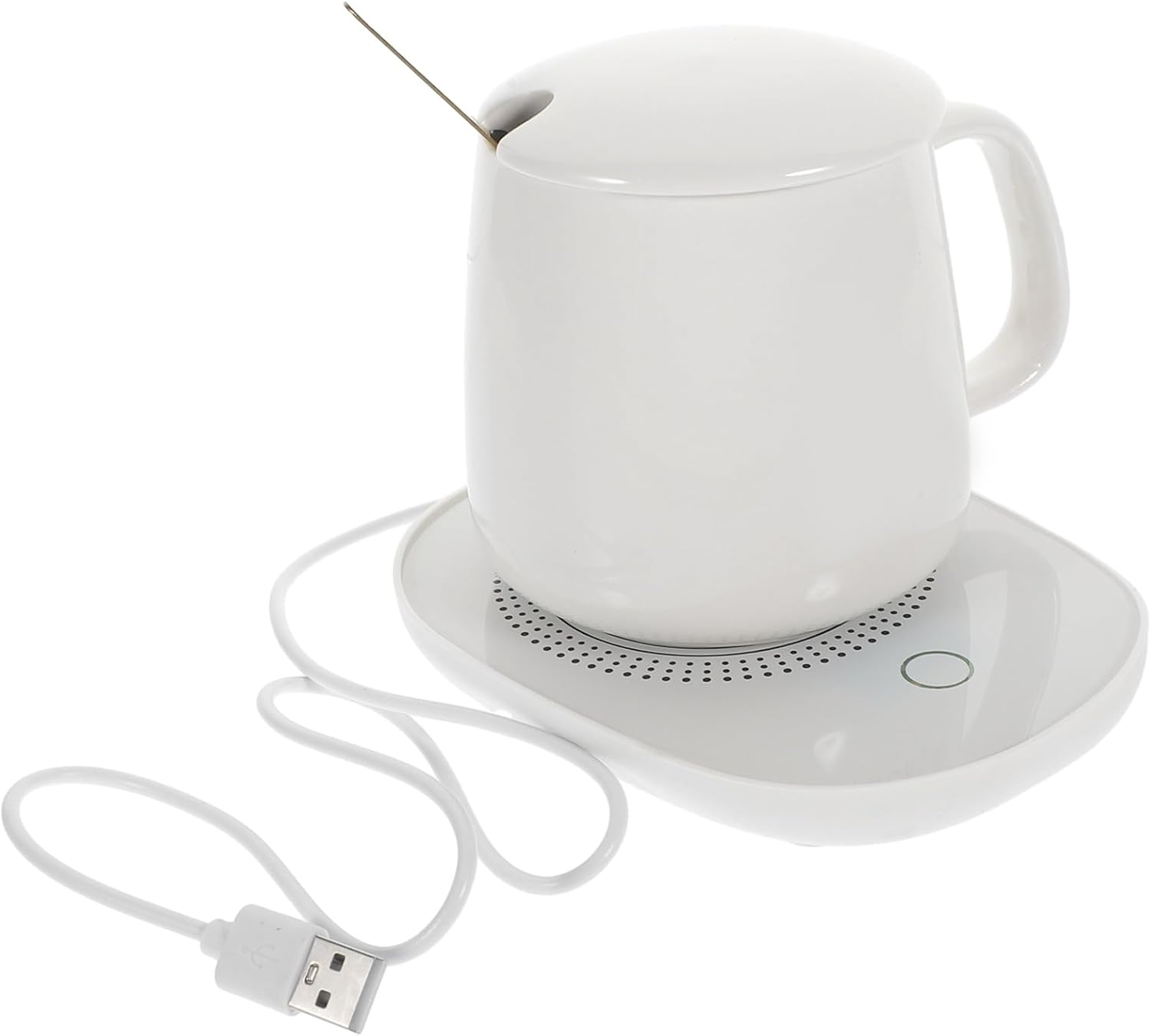 Ceramic Coffee Mug Warmer USB Heating Plate with Handle for Milk and Beverage Thermostatic Temperature Control Home Use White