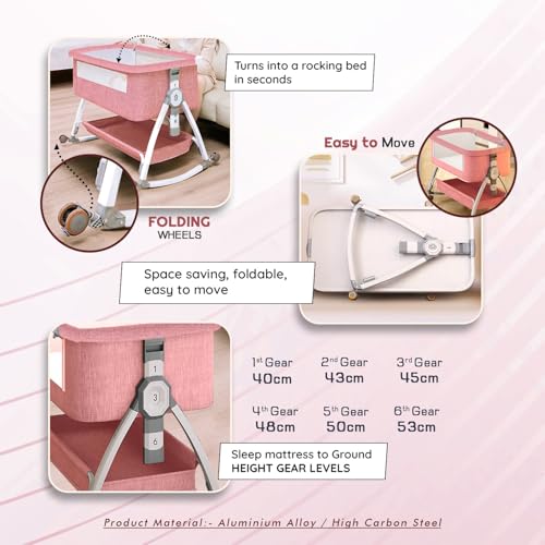 Image of Premium 6-in-1 Baby Bedside Cot, Crib, Cradle Portable All-Mesh Bassinet with Multi-Purpose Tray,Wheels, Storage Basket, and 6 Height Adjustments, for Newborns- Pink