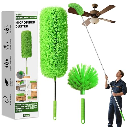 Cobweb Duster with Extension Pole Washable Cleaning Duster Set with 2 Duster Heads Corner Brush 15-110-Inch Telescoping Pole for high Ceiling Fans Long Duster for high CeilingsSpider Web Brush