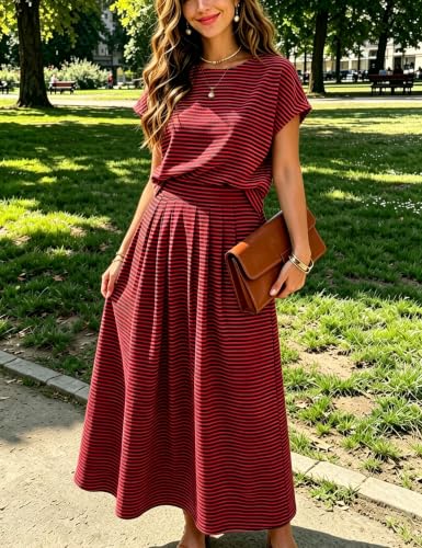 Image of Zontroldy Women's Summer 2 Piece Outfits Striped Skirt Sets Cap Sleeve Crop Top Midi Dress Matching Travel Outfits