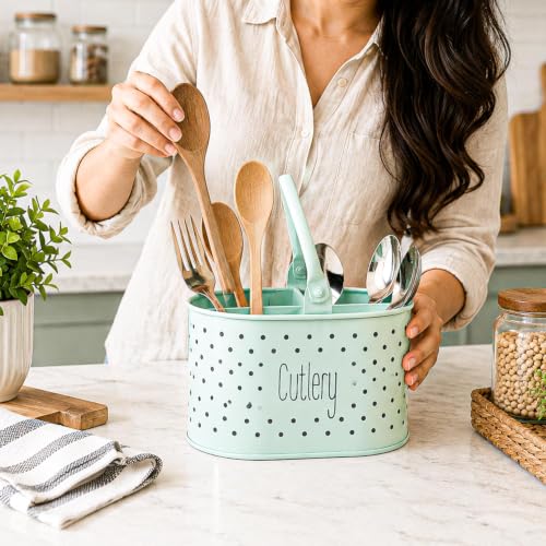 Image of MARKET 99 Green Polka Dot Cutlery Holder | Oval Metal Knife & Fork Holder with Glossy Finish | Multipurpose Kitchen & Dining Table Organizer for Utensils, Spoons, Chopsticks
