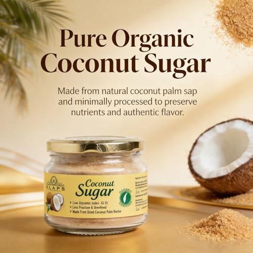 Image of KLAPS Organic Coconut Sugar | Unrefined Natural Sweetener | Low Glycemic Index, Chemical-Free | Vegan, Non-GMO, Healthy Dessert & Baking Sugar | 3x 259g