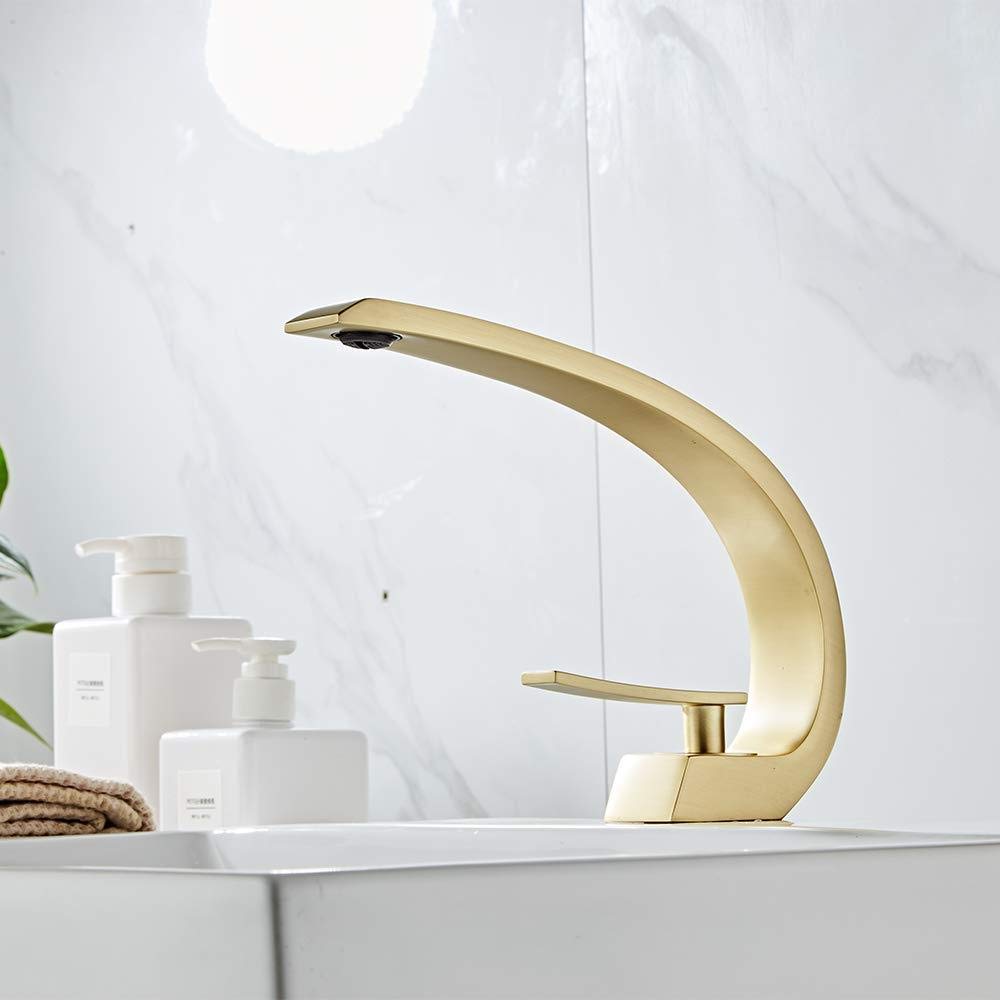 ASerZenith Brushed Gold Basin Faucet Single Handle Mixer Tap Waterfall Bathroom Sink Faucet Washbasin Mixer Tap Crane for Bathroom
