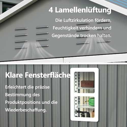 Thanaddo Metall Gerätehaus Gartenhaus 185x182x191cm, Geräteschuppen mit Fenster & Satteldach, wetterfest Gartenschuppen Inkl. Metallfundament (ohne Boden) für Outdoor Garten Terrasse, Grau