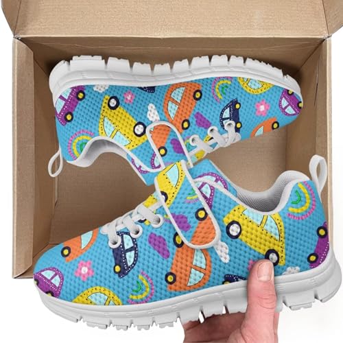 Boys Girls Sneakers Kids Lightweight Breathable Strap Athletic Running Shoes for Little Kid/Big Kid White Sole Cartoon Car Pattern2