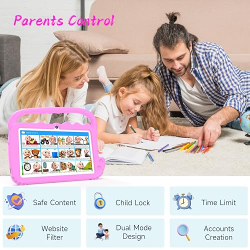 Image of YQSAVIOR Kids Tablet, 7inch 4 GB RAM | Android 12 | 32GB ROM | Bluetooth, IPS Screen, Parental Control, Dual Camera, Shockproof Case | Educational, Games, Pink Case