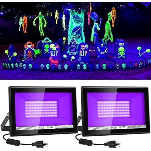CREPOW 60W Black Lights, 2 Pack LED Blacklight Flood Light with Plug, IP66 Waterproof Black Lights for Glow Party, Glow in The Dark, Stage Lighting, Body Paint, Fluorescent Poster, Neon Glow Cover