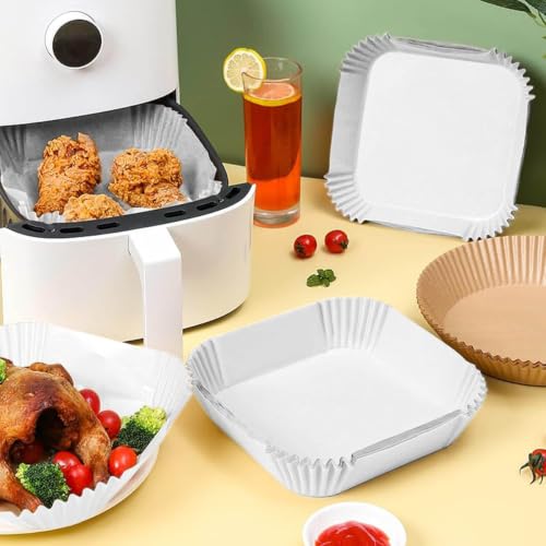 Image of PureBake 100 Pcs Air Fryer Paper Sheets, Disposable Paper Liner, Parchment Paper for Airfryer & Microwave, Oil Proof for Frying, Baking, Cooking, Roasting (Square, 8 Inch with Oil Brush)