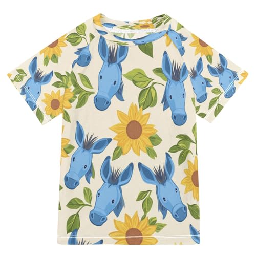 Boys Short Sleeve T-Shirts Donkey Sunflower Animal Rashguard Kids Swim Shirts Sun UPF 50+