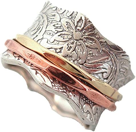 ENERGY STONE 925 Sterling Silver BALANCE & BEAUTY Meditation Spinner Ring Brass & Copper Spinners Leaf Pattern Base Ring (Style USA88)