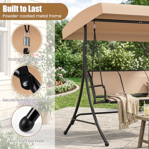 Image of Tangkula 3 Person Porch Swing, Patio Swing with Adjustable Canopy, Heavy-Duty Frame, Breathable Fabric, Outdoor Swing for Porch, Garden, Backyard, Poolside, 800 LBS Max Load