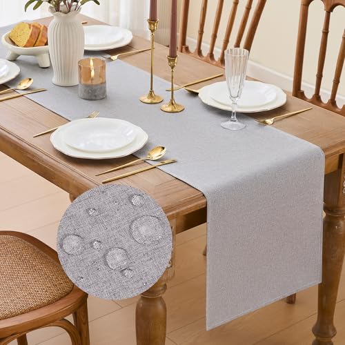 MAIBAOTA Light Grey Waterproof Table Runner 40 x 240 cm Linen Table Runner