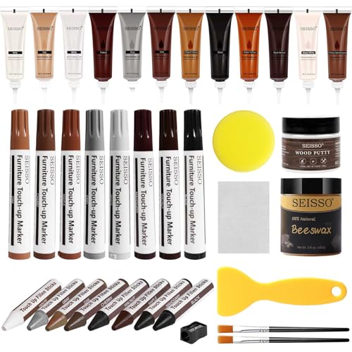 SEISSO Wood Furniture Repair Kit 12 Colors Wood Fillers Wood Putty with Beeswax Furniture Touch Up Markers with Wood Crayons Hardwood Floor Repair Kit for Stains Scratch Cracks Hole