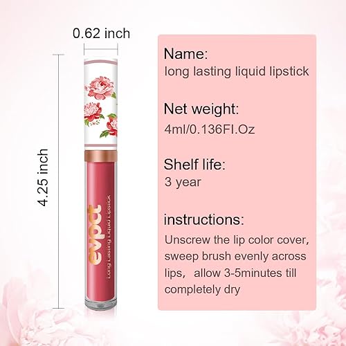 Vista 138 de evpct Juego de 1 lápiz labial líquido mate nude para mujer, peonía, flor, marrón, rosa, mate, larga duración, permanente, 24 horas, lápiz labial