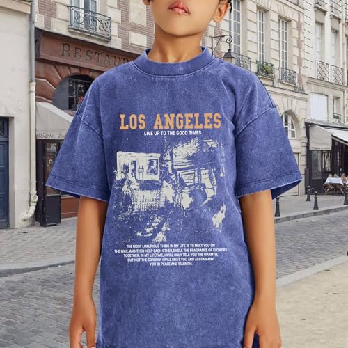 Image of Oversized Boys Graphic Tees Acid Wash Los Angeles Tshirt Youth Cotton T Shirt Crewneck Tee Kids Short Sleeve Tops