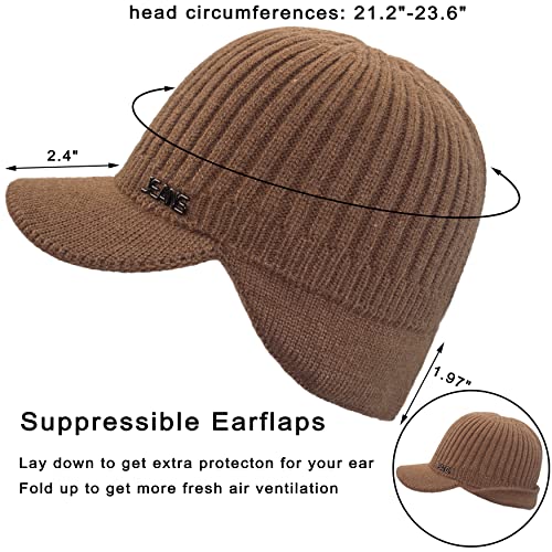 Muryobao Mens Winter Beanie Visor Hat Warm Knitted Brim Hat Thick Knit Earflap Baseball Cap for Outdoor Sport3