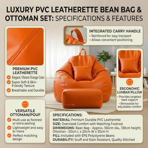 Image of KAM'S LIEU 5XL Luxury Faux Leather Bean Bag with Footrest & Cushion | Pre-Filled High-Density Polystyrene Beans | Premium Leatherette | 6 Months Warranty Color- (Orange, Without Footrest)