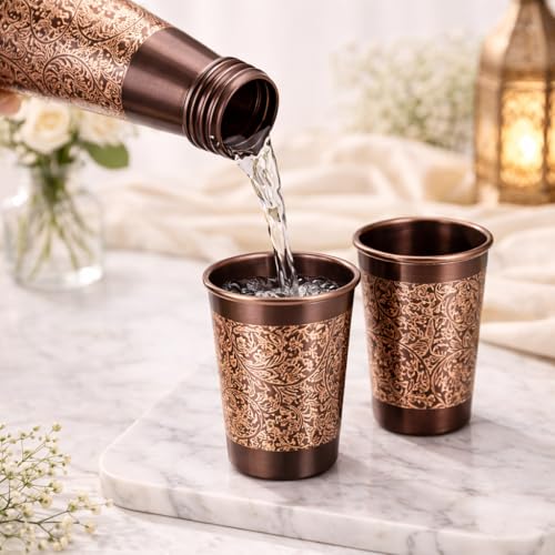 Image of JAIPUR ACE Hammered Pure Copper Water Bottle with Glass Set | 100% Copper Bottle Set | Leak Proof, Ayurvedic Health Benefits, Premium Design Gift Set for Home, Office, Gifting (3d Engraving)