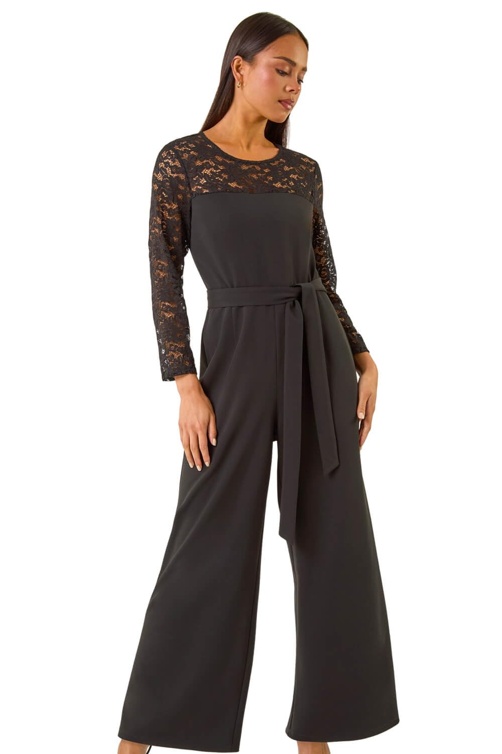 Roman Women's Black Petite Lace Contrast Stretch Jumpsuit In | Size: 18
