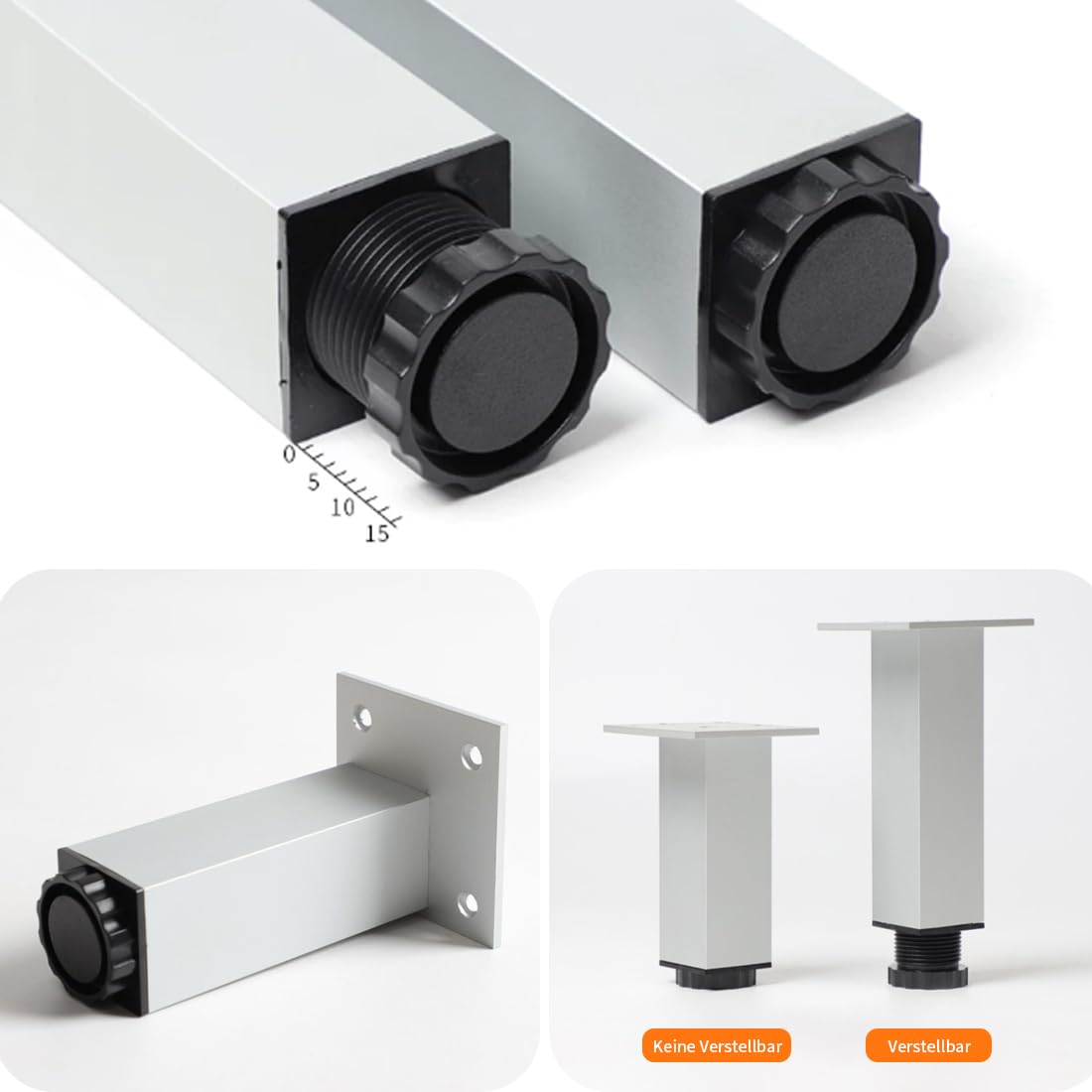 Metalowe nóżki do sofy, 20 cm, 4 sztuki, regulowane nogi sofy, stop aluminium, anodowana powierzchnia, nóżki cokołu, opcjonalna wysokość: 3-40 cm, tapicerowane nóżki sofy, stoliki kawowe, stół biurowy